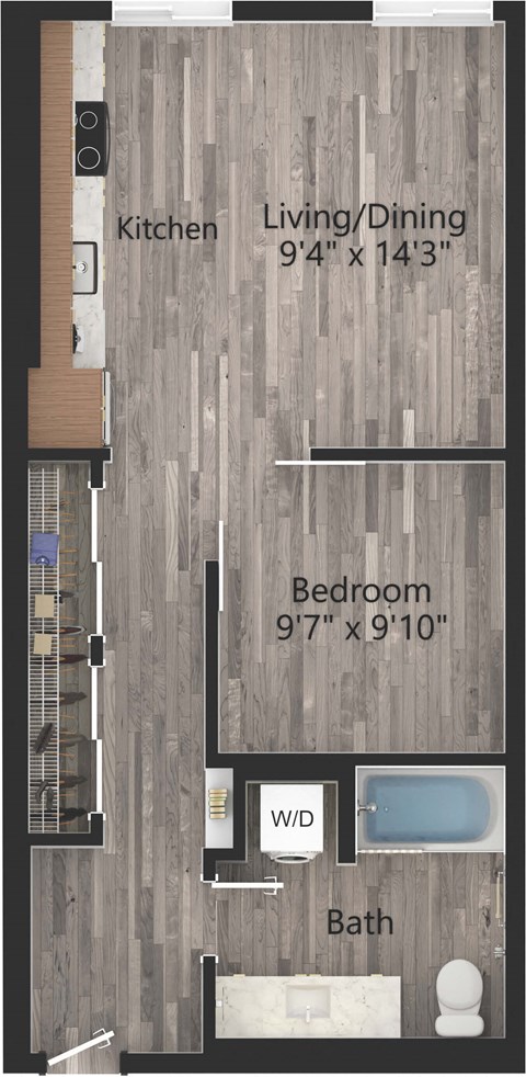 Floor plan for 1 bed, 1 bath, 606 sqft